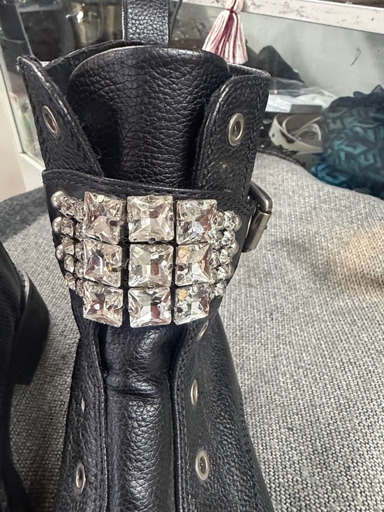 Karl Lagerfeld Black Leather Combat Boots with Crystal Strap - Picture 3 of 4